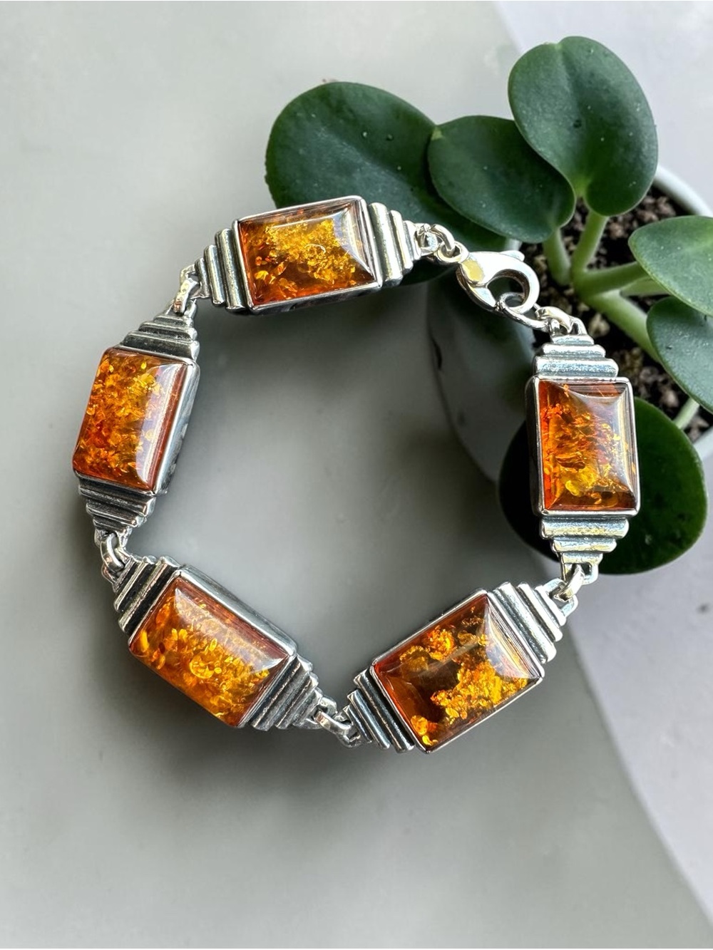 Vintage Baltic Amber Silver Bracelet 6”